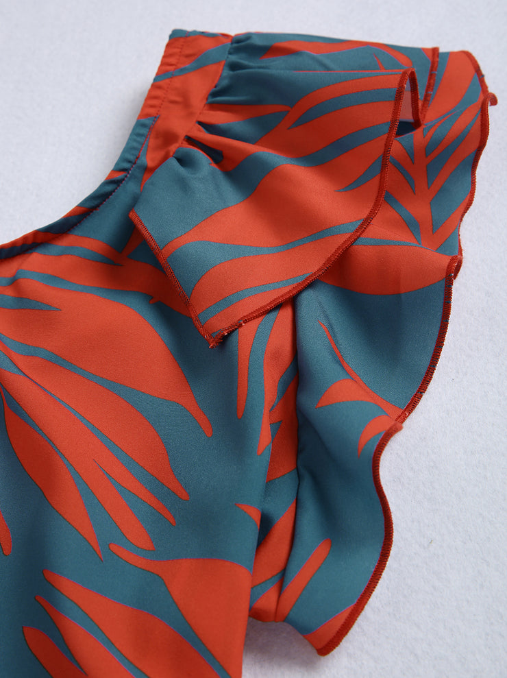 FallStil® - Maui Orange Palmetto Blue Asymmetrisches Maxikleid mit Rüschen