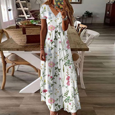 SpringStil® - Garden Print V-Ausschnitt Weißes Maxi-Sommerkleid