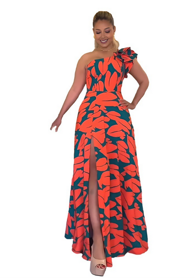 FallStil® - Maui Orange Palmetto Blue Asymmetrisches Maxikleid mit Rüschen