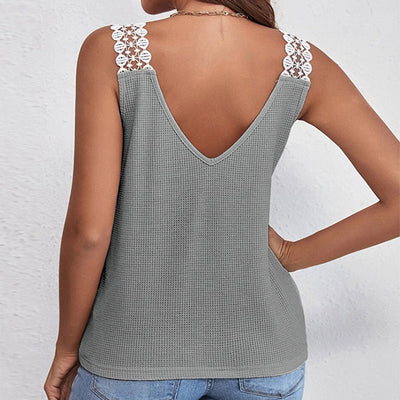 Mocarra | Waffel V-Ausschnitt Weste ärmellose Spitze Tank Shirt Tops Sommer